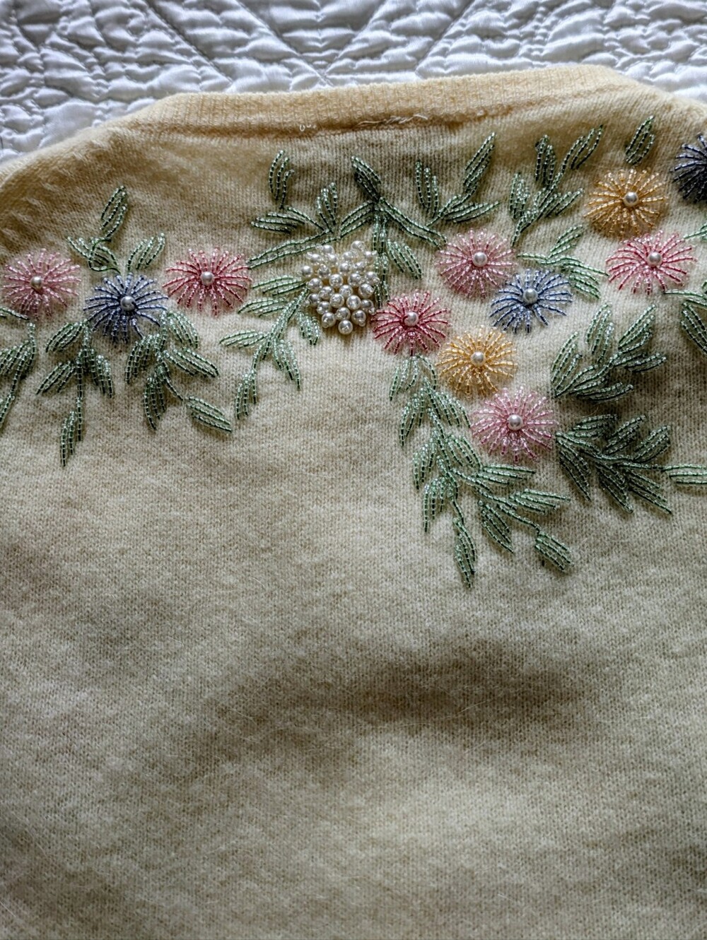 Vintage Ivory Embroidered & Pastel Beaded Floral Cardigan with Pearly Buttons - Picture 5 of 9